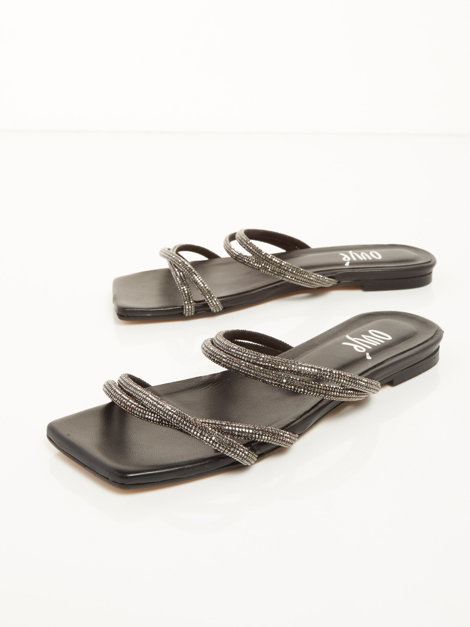 leather flat sandals with rhinestones